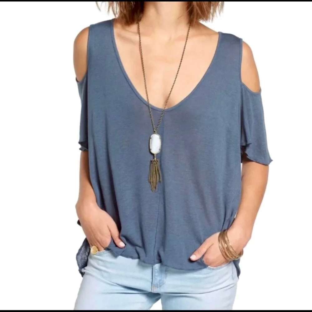 Free People Bittersweet Cold Shoulder Blue Top Size: Small - Picture 1 of 9